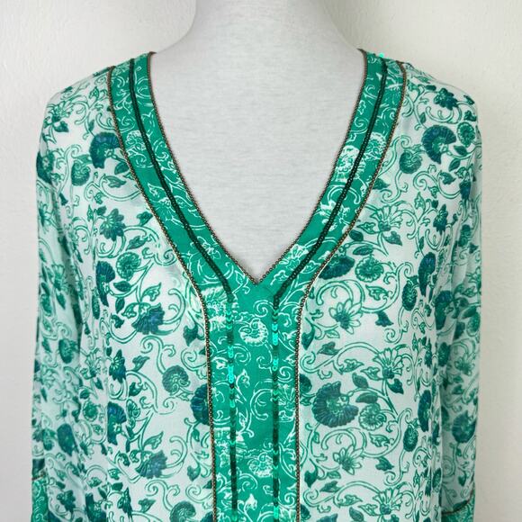 Chico's Sz 0 Congo Floral Tunic Green Print Sheer Embellished V-neck Blouse - Picture 6 of 13